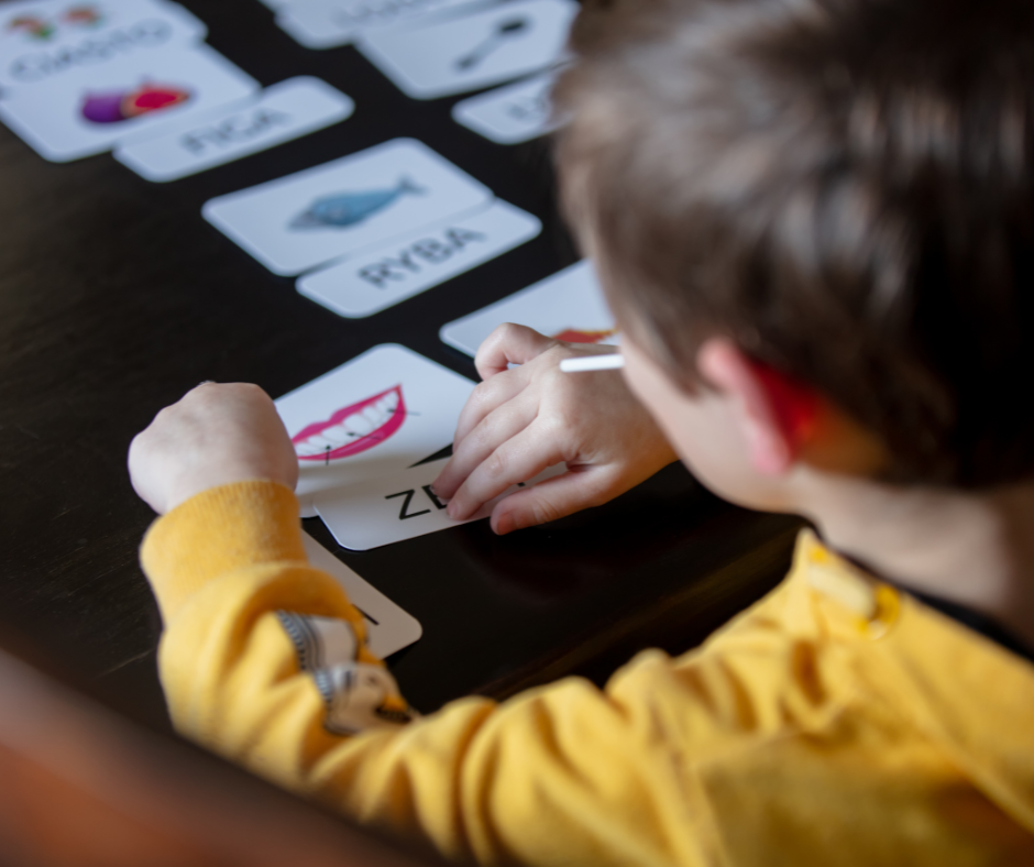 Niño pequeño aprende palabras con tarjetas